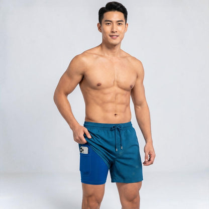 Board shorts for men with compression liner and drawstring waist