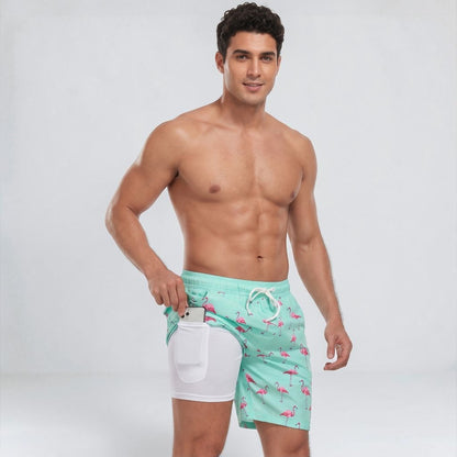 Board shorts for men with compression liner and drawstring waist