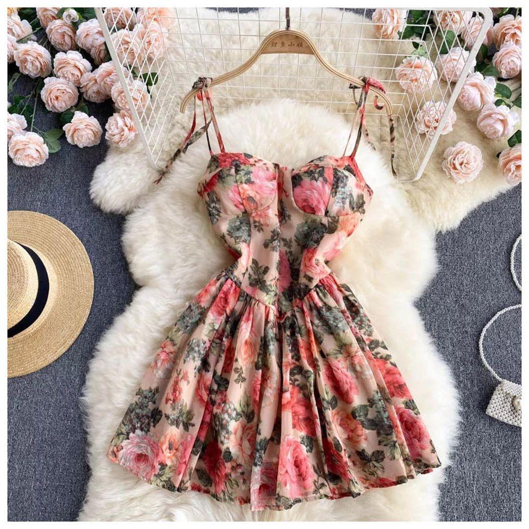 Summer dresses for women, floral mini dress with tie straps