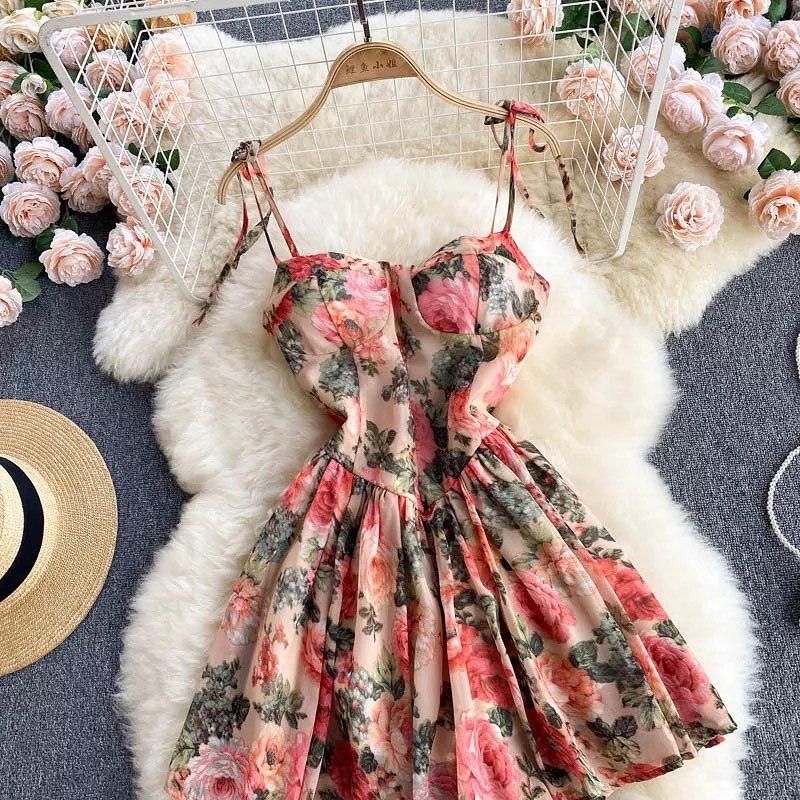 Summer dresses for women, floral mini dress with tie straps