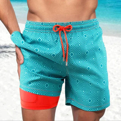 Board shorts for men with compression liner and drawstring waist