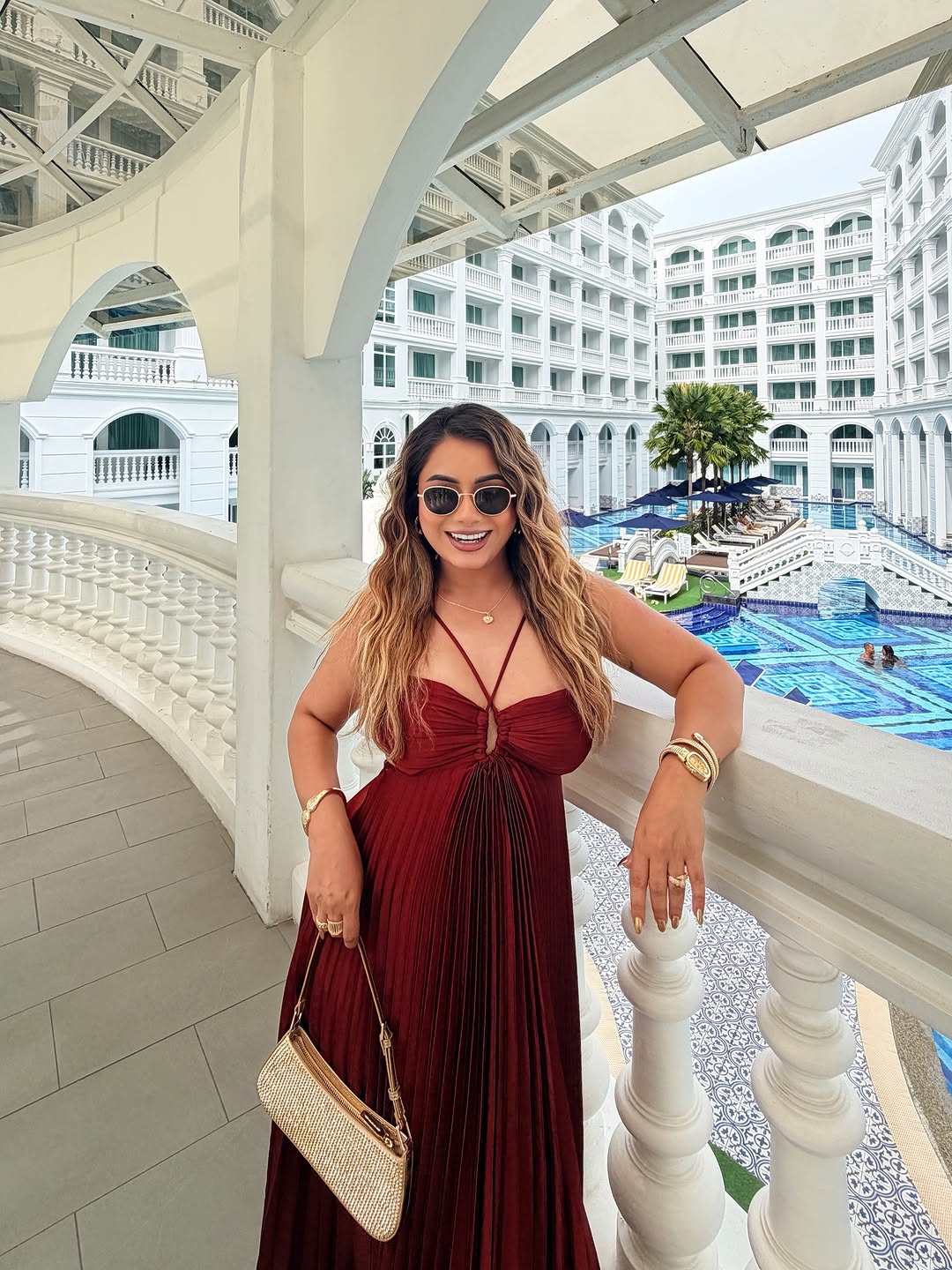 Pleated maxi dresses for women with halter neck and cut out waist