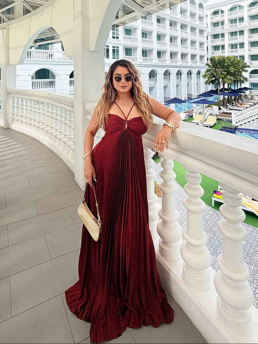 Pleated maxi dresses for women with halter neck and cut out waist