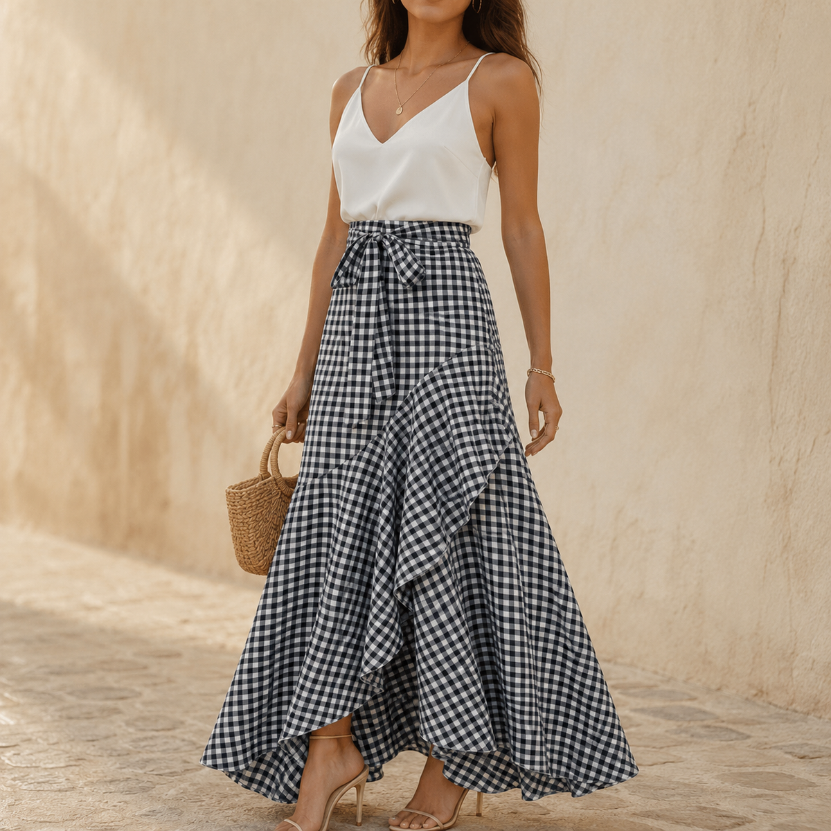Asymmetrical ruffle maxi skirt for women with high waist