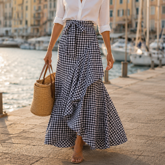 Asymmetrical ruffle maxi skirt for women with high waist
