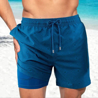 Board shorts for men with compression liner and drawstring waist
