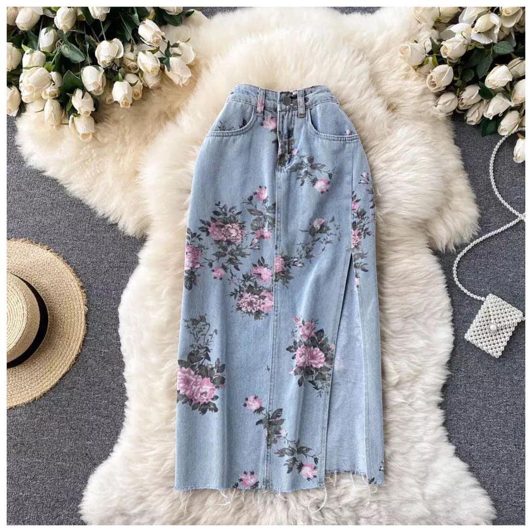 High waist floral denim skirt with side slit for women