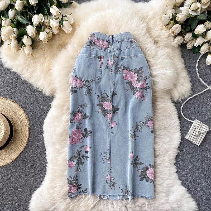 High waist floral denim skirt with side slit for women