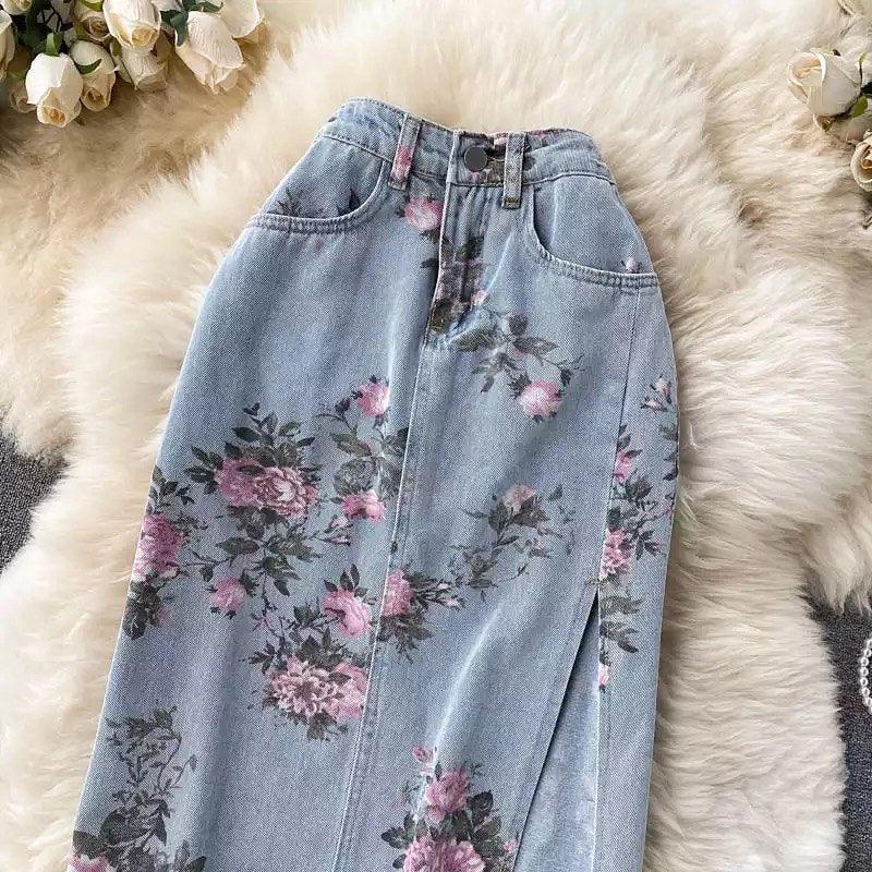 High waist floral denim skirt with side slit for women