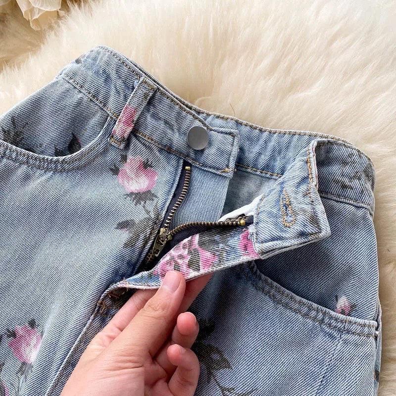 High waist floral denim skirt with side slit for women