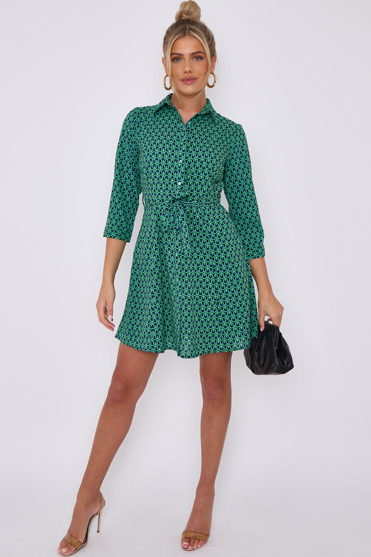 Belted mini dress for women with button down front and geo print