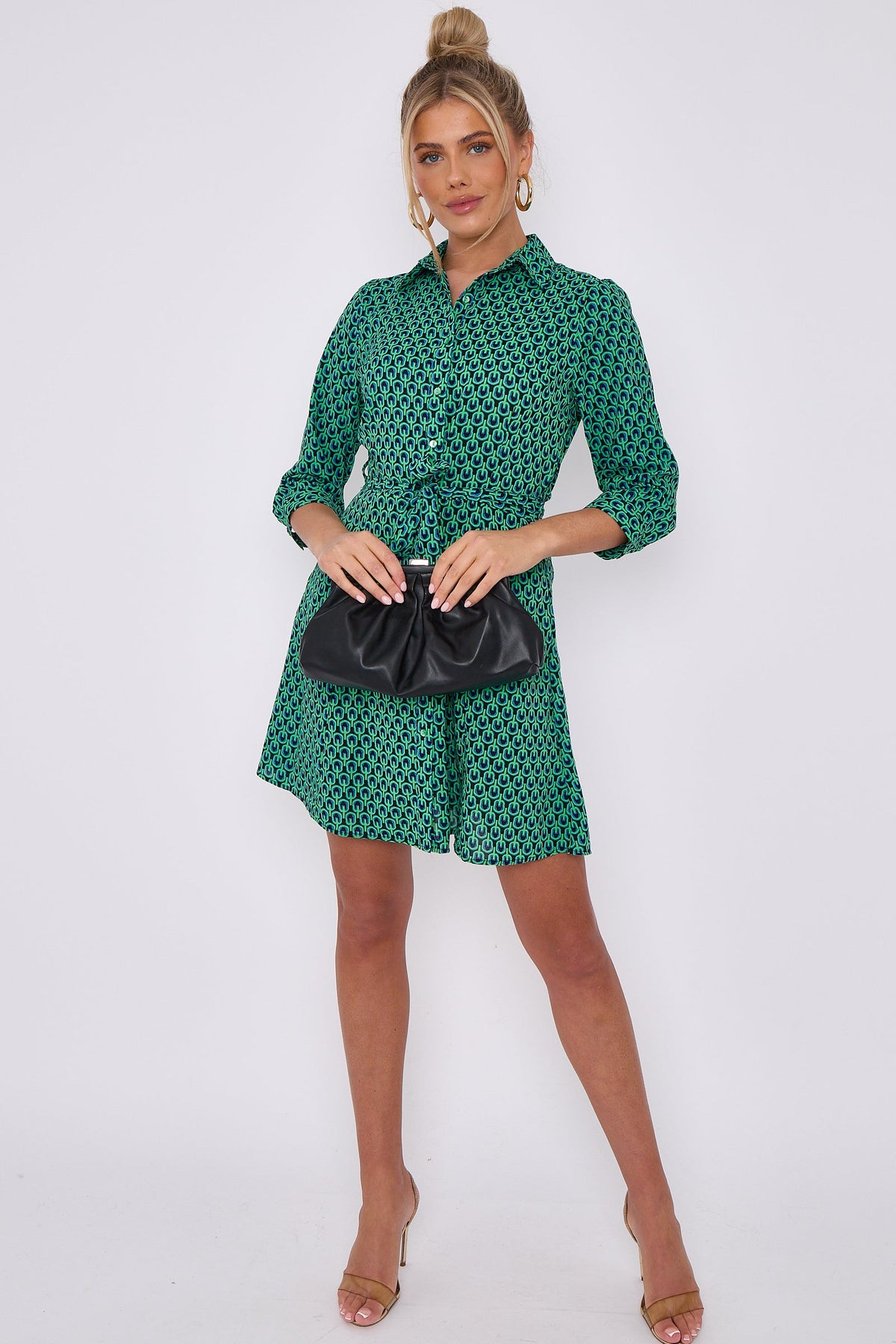 Belted mini dress for women with button down front and geo print