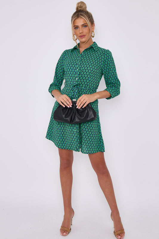 Belted mini dress for women with button down front and geo print