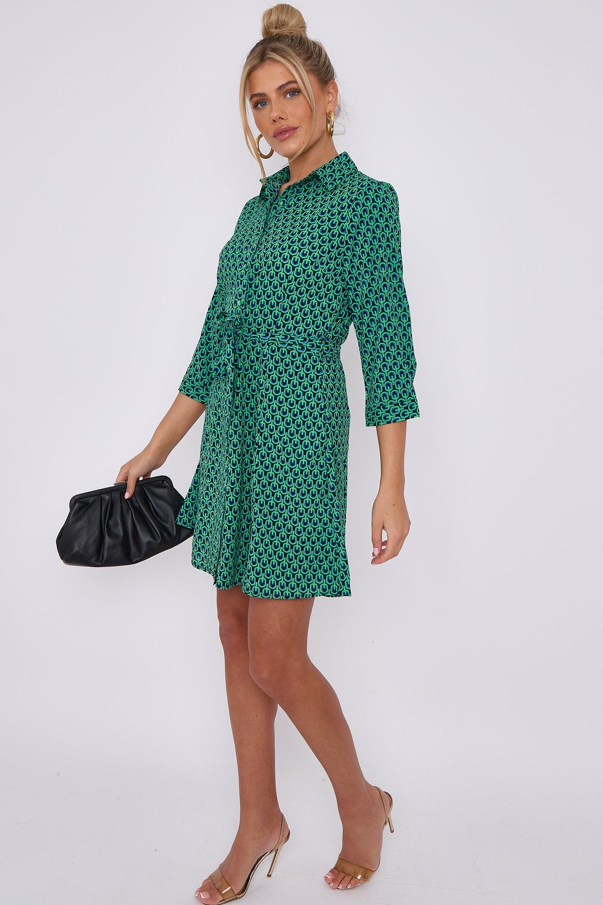 Belted mini dress for women with button down front and geo print