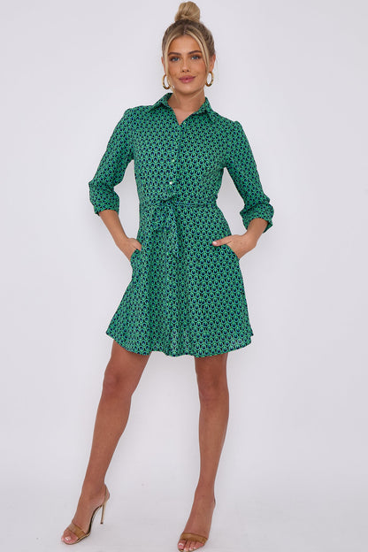 Belted mini dress for women with button down front and geo print