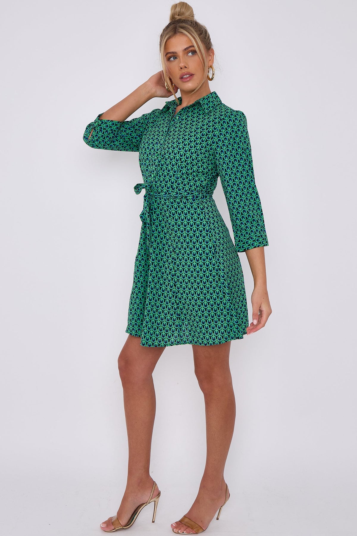 Belted mini dress for women with button down front and geo print