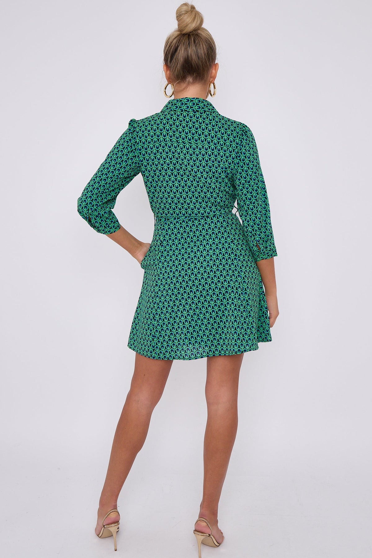 Belted mini dress for women with button down front and geo print