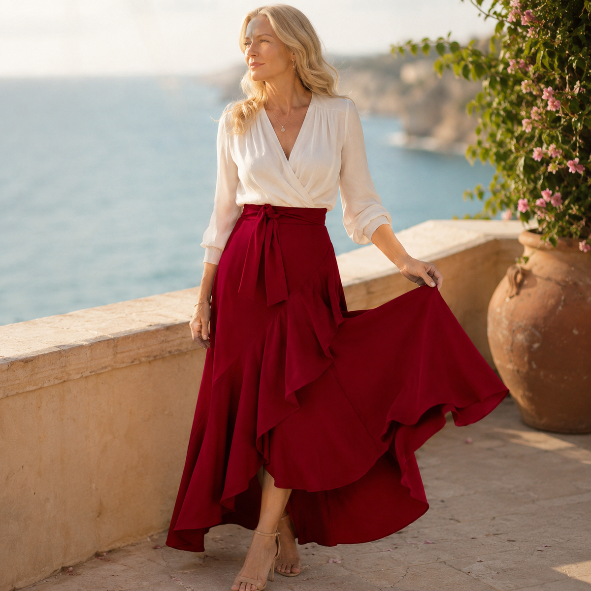 Asymmetrical ruffle maxi skirt for women with high waist