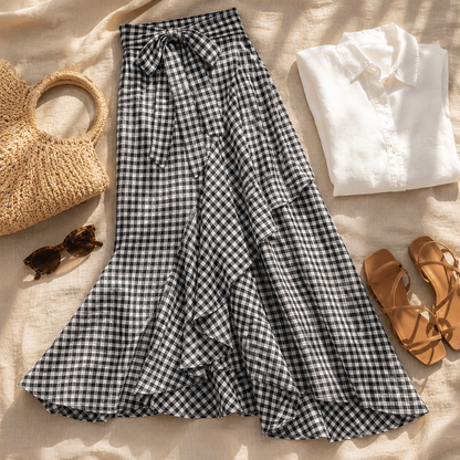 Asymmetrical ruffle maxi skirt for women with high waist
