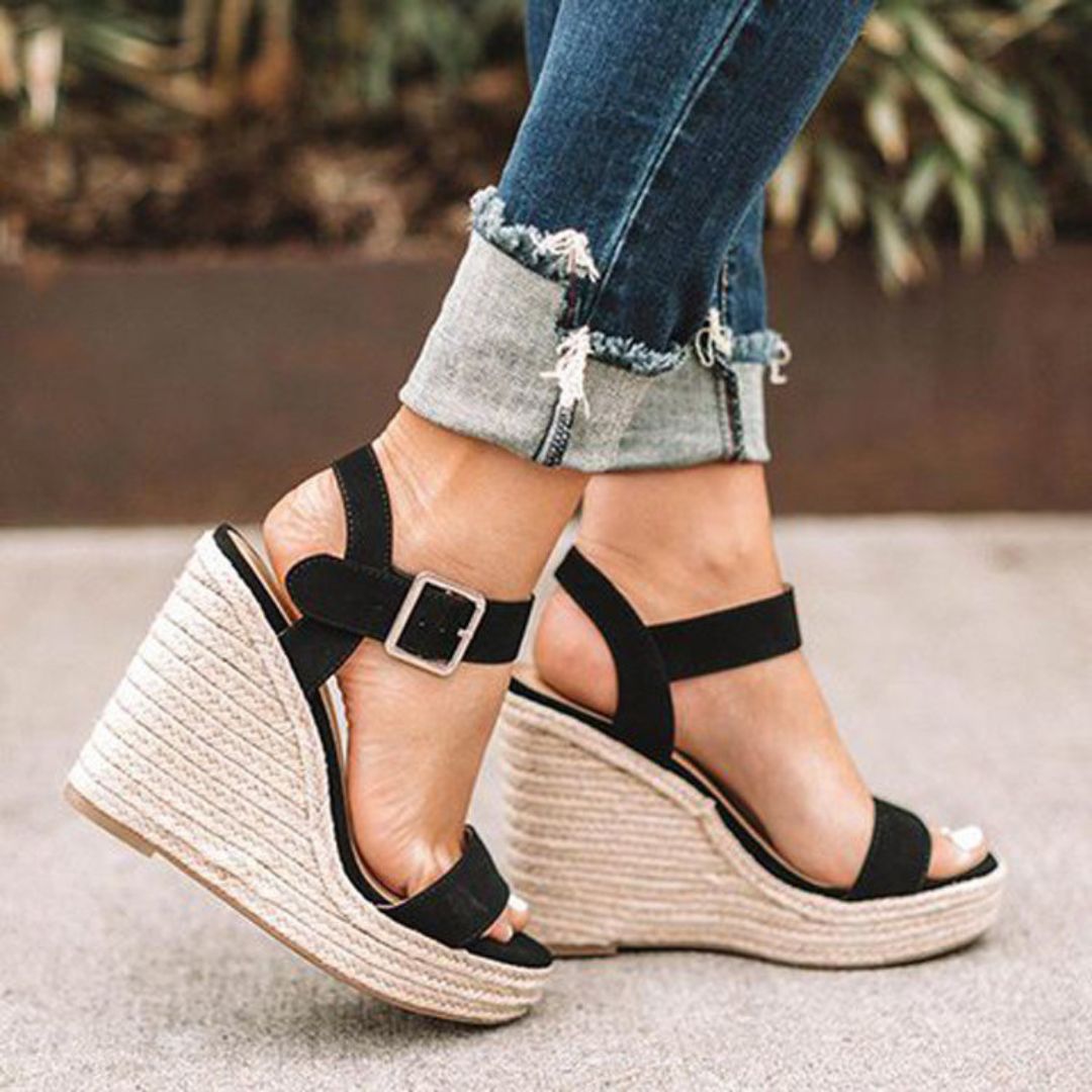 Women sandals with espadrille wedge heel and ankle strap
