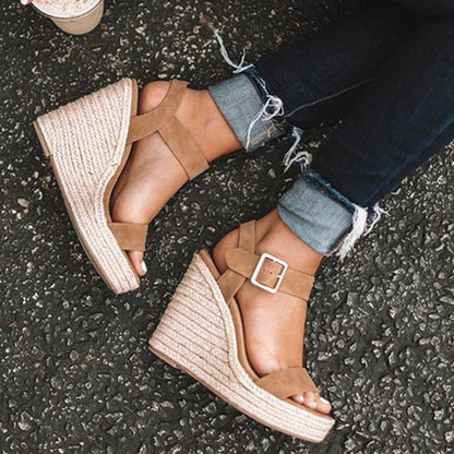 Women sandals with espadrille wedge heel and ankle strap