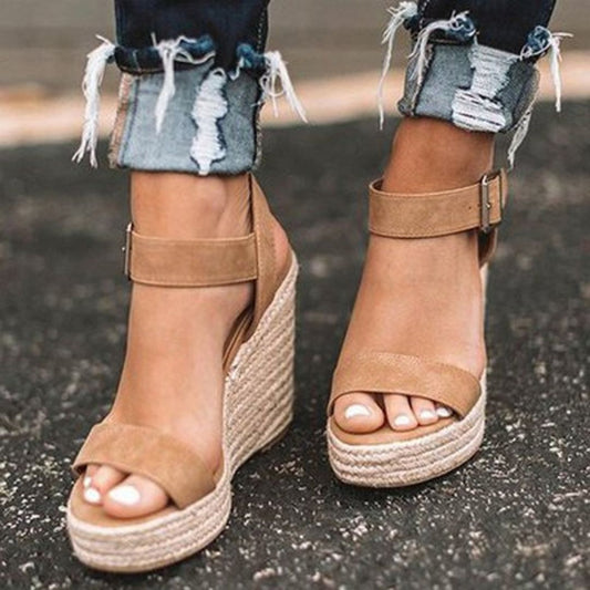 Women sandals with espadrille wedge heel and ankle strap