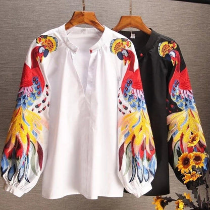 Blouse for women with embroidered bird sleeves and balloon sleeves