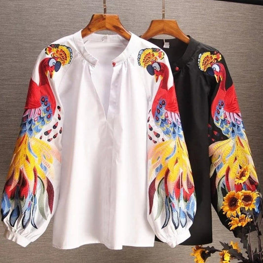 Blouse for women with embroidered bird sleeves and balloon sleeves