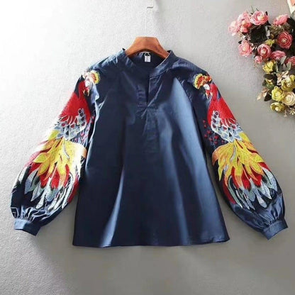 Blouse for women with embroidered bird sleeves and balloon sleeves