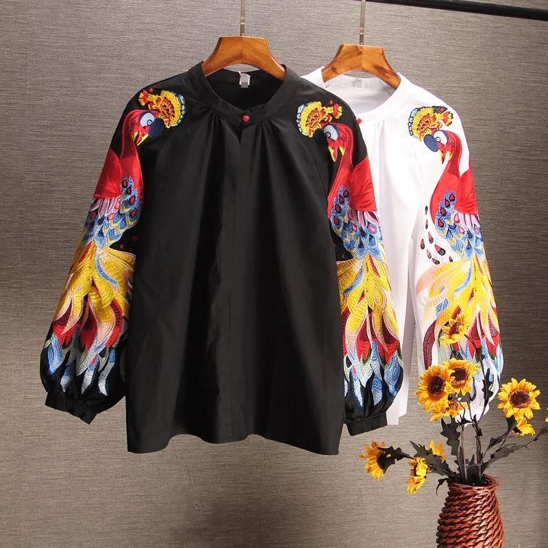 Blouse for women with embroidered bird sleeves and balloon sleeves