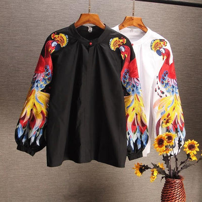 Blouse for women with embroidered bird sleeves and balloon sleeves