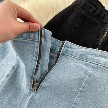 Fishtail denim midi skirt for women with high waist and back zip