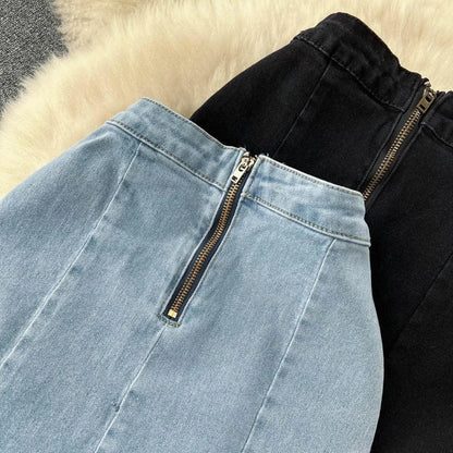 Fishtail denim midi skirt for women with high waist and back zip