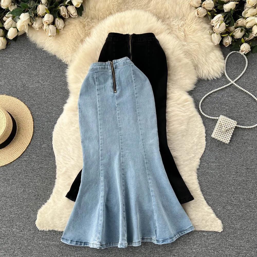Fishtail denim midi skirt for women with high waist and back zip
