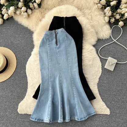 Fishtail denim midi skirt for women with high waist and back zip