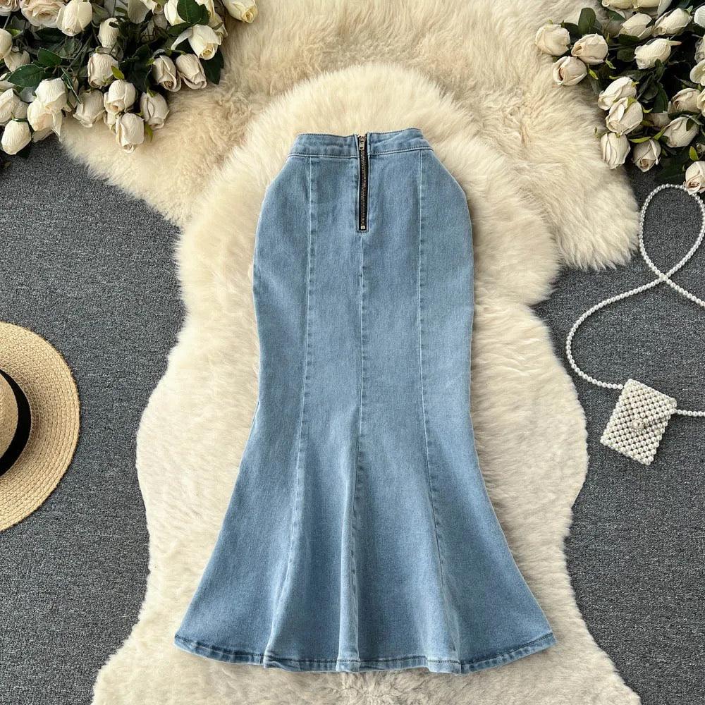 Fishtail denim midi skirt for women with high waist and back zip