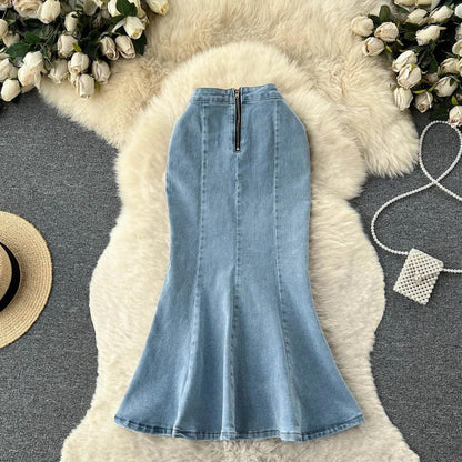 Fishtail denim midi skirt for women with high waist and back zip
