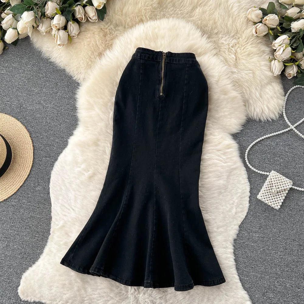 Fishtail denim midi skirt for women with high waist and back zip