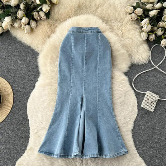 Fishtail denim midi skirt for women with high waist and back zip