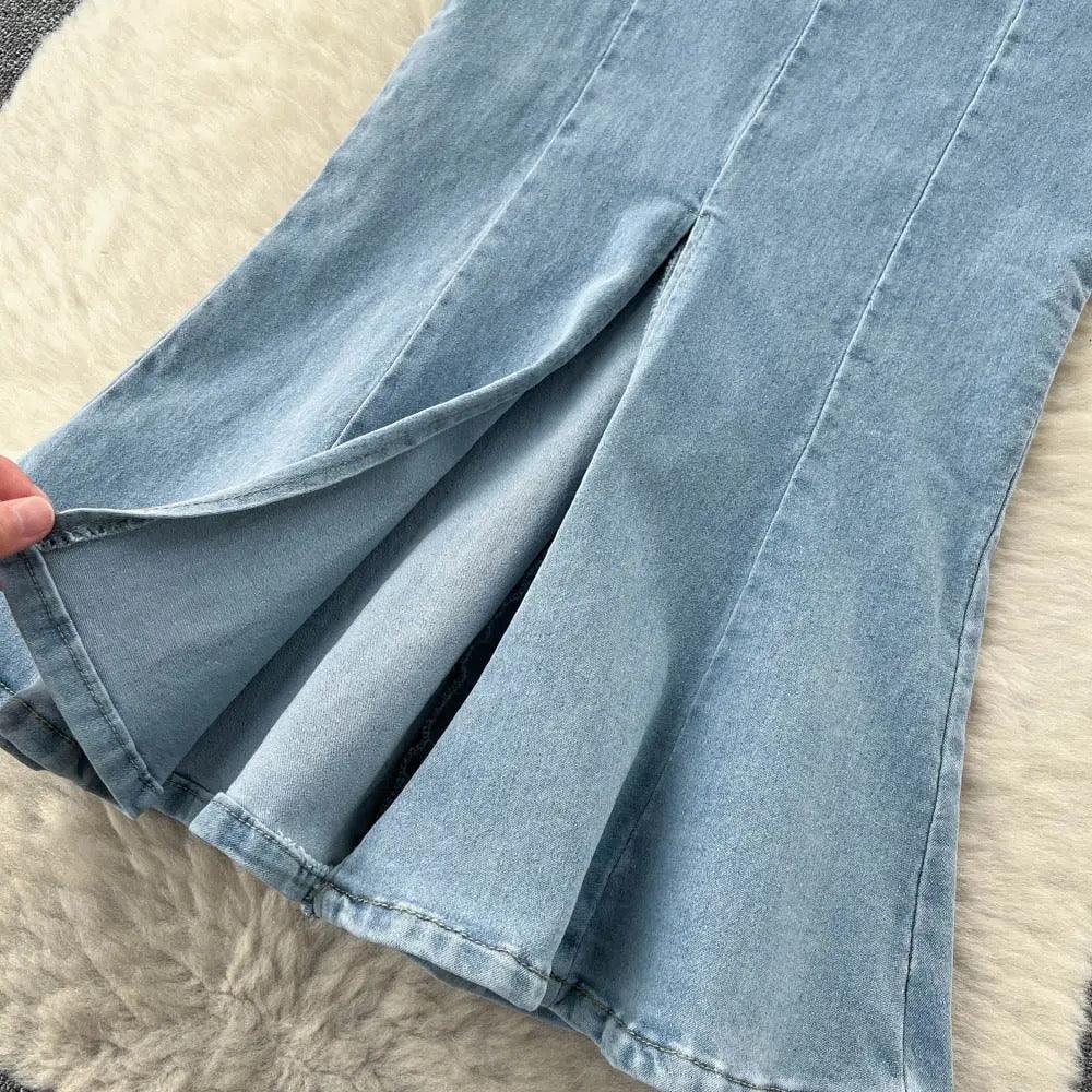 Fishtail denim midi skirt for women with high waist and back zip