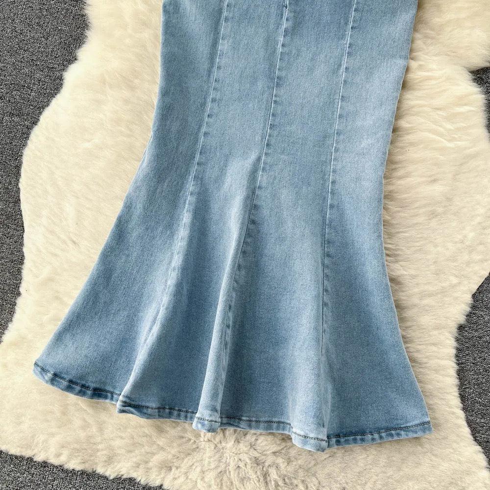 Fishtail denim midi skirt for women with high waist and back zip