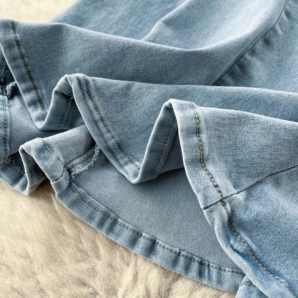 Fishtail denim midi skirt for women with high waist and back zip