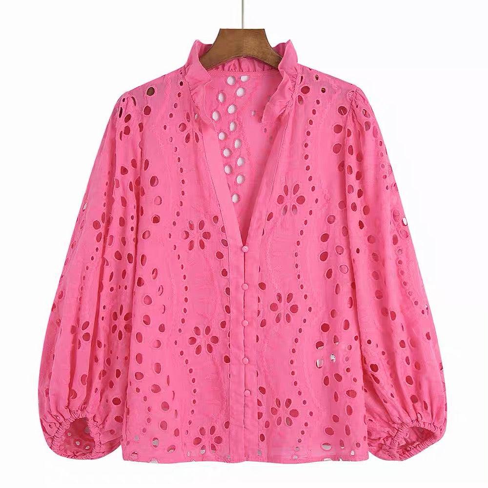 Broderie anglaise blouse for women with puff sleeves and frill neck