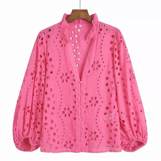 Broderie anglaise blouse for women with puff sleeves and frill neck