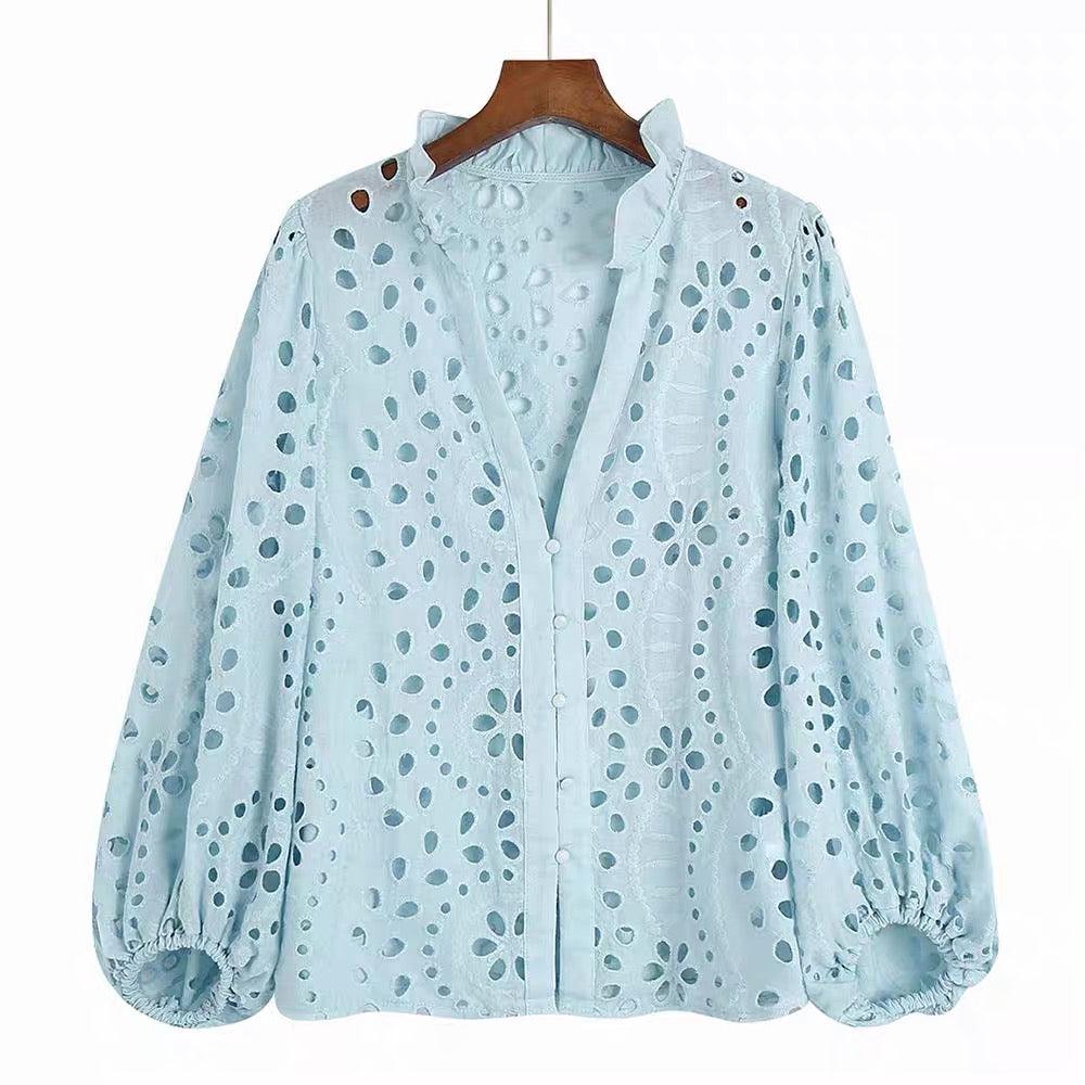 Broderie anglaise blouse for women with puff sleeves and frill neck