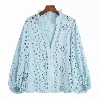 Broderie anglaise blouse for women with puff sleeves and frill neck