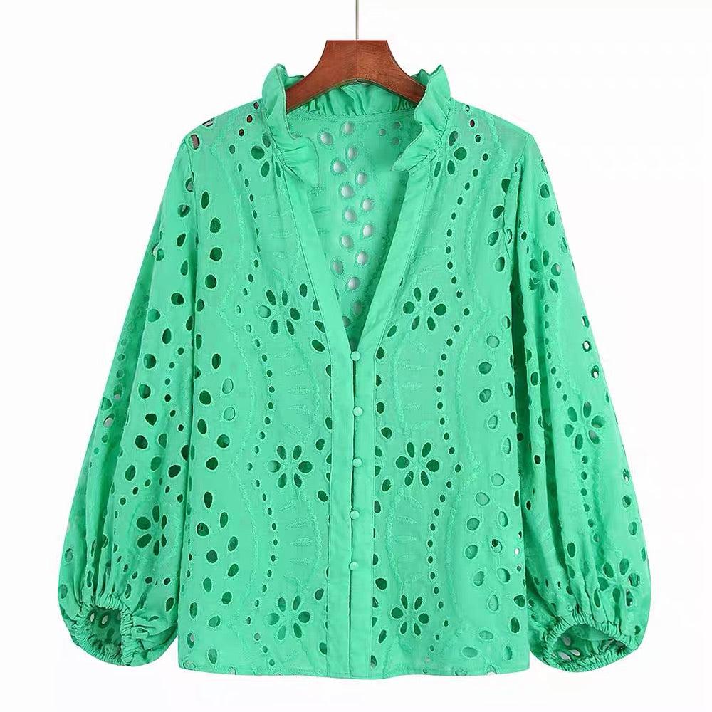Broderie anglaise blouse for women with puff sleeves and frill neck