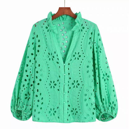 Broderie anglaise blouse for women with puff sleeves and frill neck