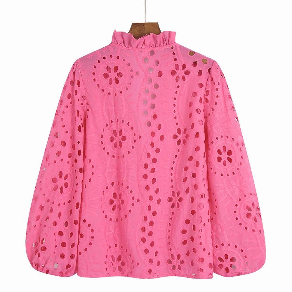 Broderie anglaise blouse for women with puff sleeves and frill neck