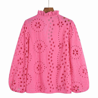 Broderie anglaise blouse for women with puff sleeves and frill neck